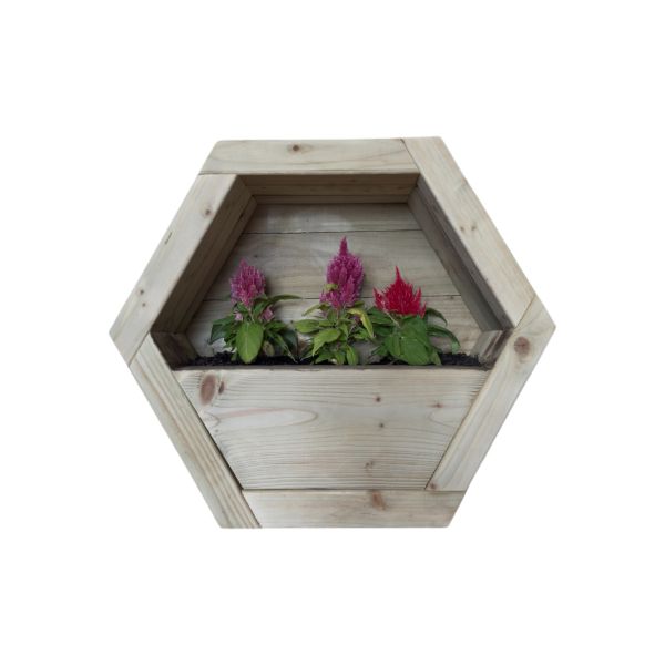 Small Hanging Wooden Hexagon Wall Planter - L16 x W34 x H30 cm - Fully Assembled