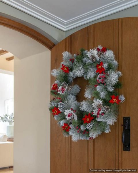 30 Inches Decorative Collection Wreath with Snowy Bristles, Cones, Red Berries, Snowflakes and Red Poinsettia