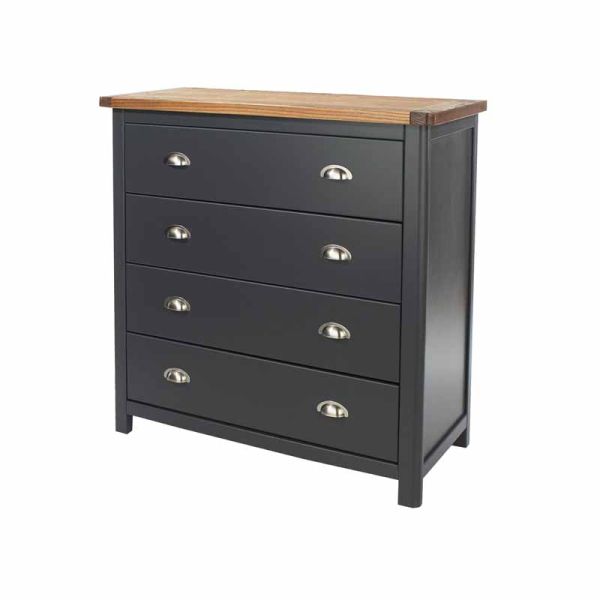 4 Drawer Chest - Hardwood/Softwood/MDF - 90 x 40 x 94.5 cm - Midnight Blue/Antique Oak Effect Wax