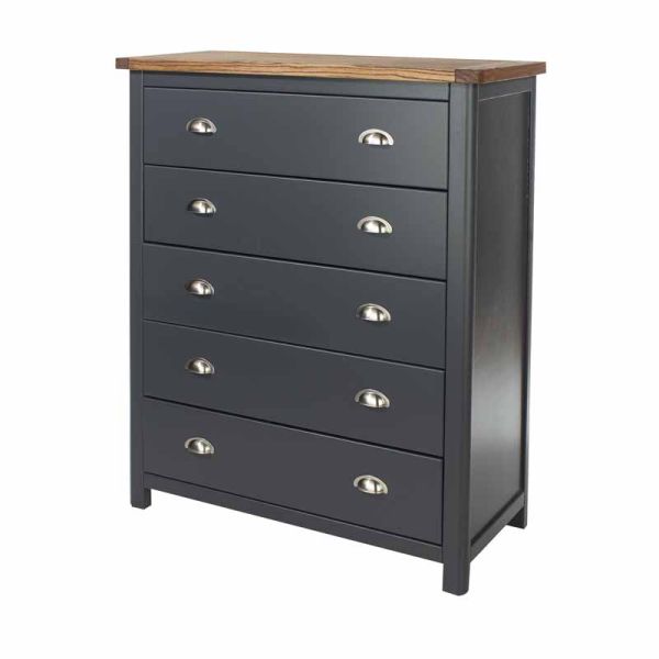 5 Drawer Chest - Hardwood/Softwood/MDF - 90 x 40 x 114.5 cm - Midnight Blue/Antique Oak Effect Wax