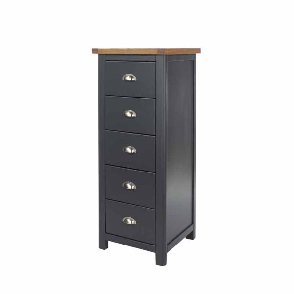 5 Drawer Narrow Chest - Hardwood/Softwood/MDF - 45 x 40 x 114.5 cm - Midnight Blue/Antique Oak Effect Wax