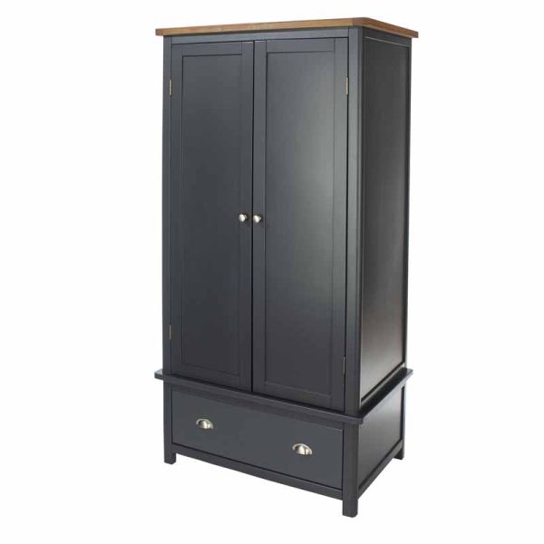 2 Door, 1 Drawer Wardrobe - Hardwood/Softwood/MDF - 90 x 55 x 190 cm - Midnight Blue/Antique Oak Effect Wax