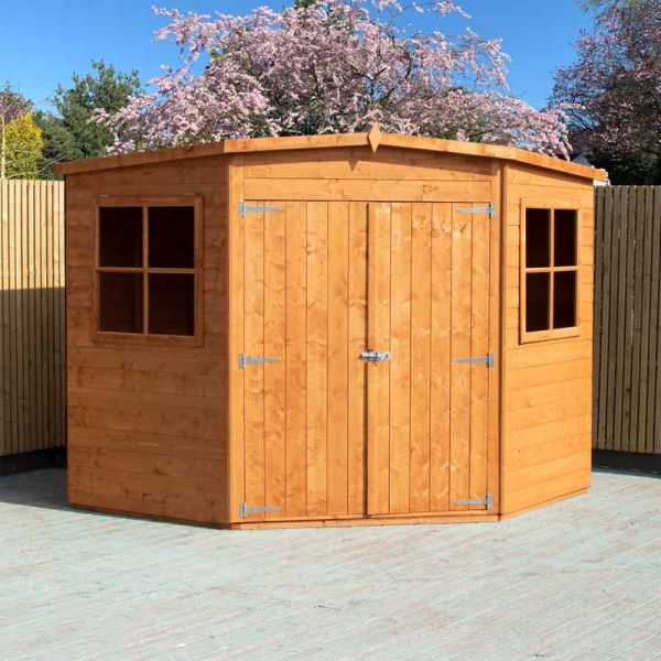 8 x 8 Feet Corner Shed Double Doors Tongue and Groove Garden Shed Workshop - Honey Brown Timber Basecoat