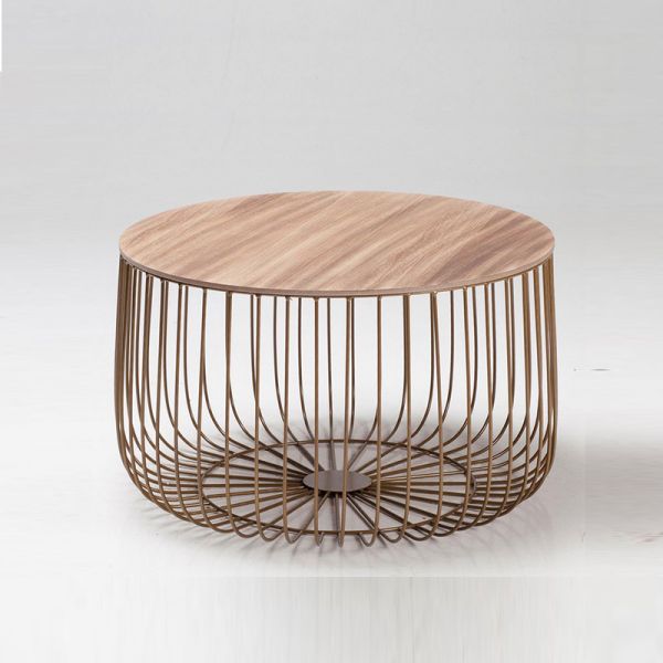 Enzo Large Cage Table - Wood - W63 x H37 cm - Gold Frame/ Oak Finish Top