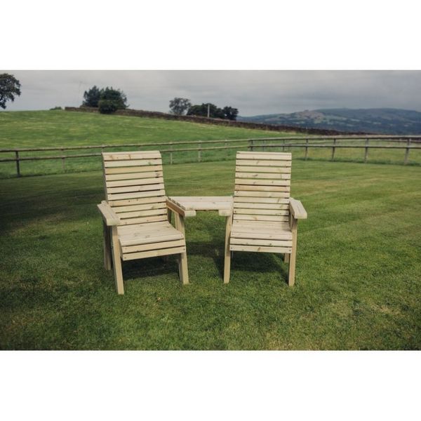 Ergonomic Companion Set, Wooden Love Seat - Angled - L100 x W170 x H105 cm - Fully Assembled - Set of Waterproof Cushions Included