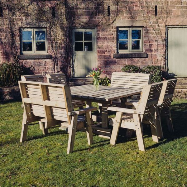 Ergo 8 Seater Square Table - 2 Benches, 4 Chairs - L149 x W149 x H77 cm - Min. Assembly Required - Set of WP. Cushions Included