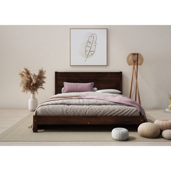 Small Double Size Bed Frame - Solid Wood - L197 x W128 x H90 cm - Walnut