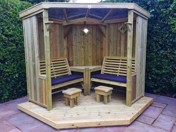 Four Seasons Garden Room, Covered corner arbour with Decking - Assembly included. Wooden outdoor shelter, alfresco dining shelter