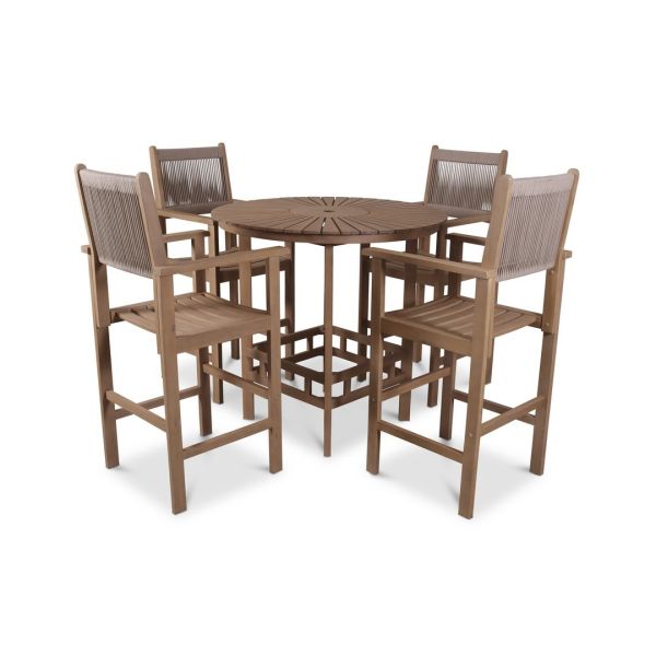 Roma Table with 4 Seater Rope Armchairs Bar Set - Acacia Hardwood - Light Teak