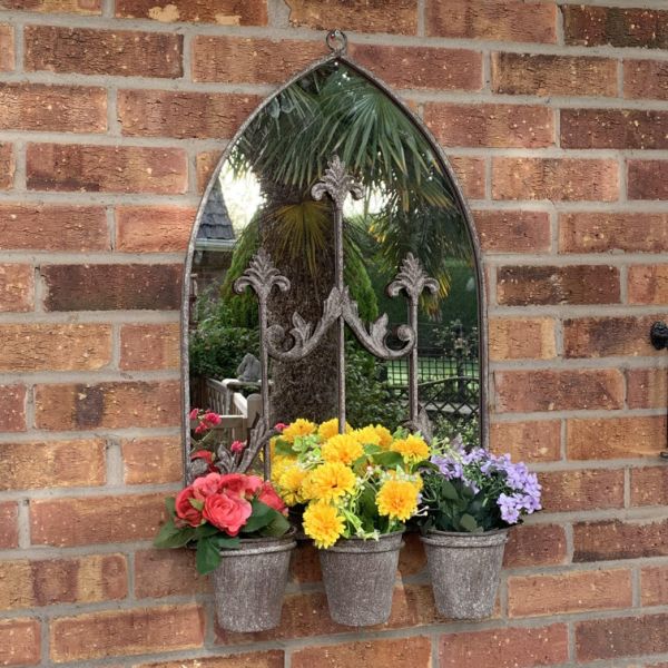 60cm Rusty Wall Mirror With Triple Planter - Metal - L15 x W45 x H75 cm