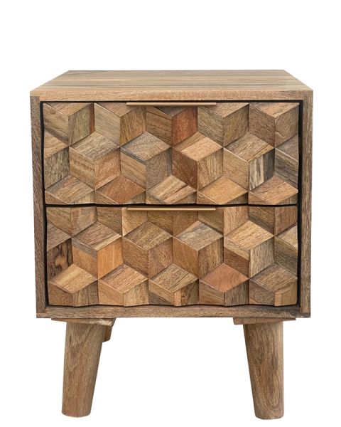 Geometric 2 Drawer Bedside - Mango Wood - L40 x W40 x H50 cm - Mango Light Finish 