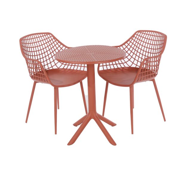 Rimini Lattice Bistro Table and 2 Armchair Set - Plastic/Metal - L60 x W60 x H84 cm - Terracotta - Partially Assembled