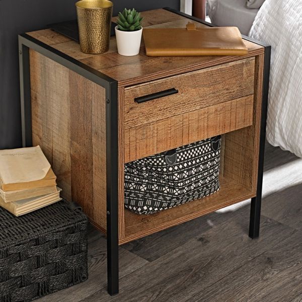 Hoxton Bedside Cabinet - Wood - L40 x W43.8 x H50 cm - Distressed Oak Effect