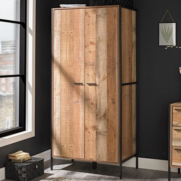 Hoxton 2 Door Wardrobe - Wood - L52 x W83.8 x H180 cm - Distressed Oak Effect