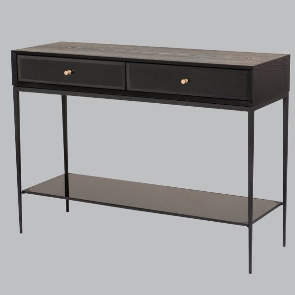 Dane Console Table - Metal/Veneer/Glass - L38 x W110 x H80 cm - Black/Brass