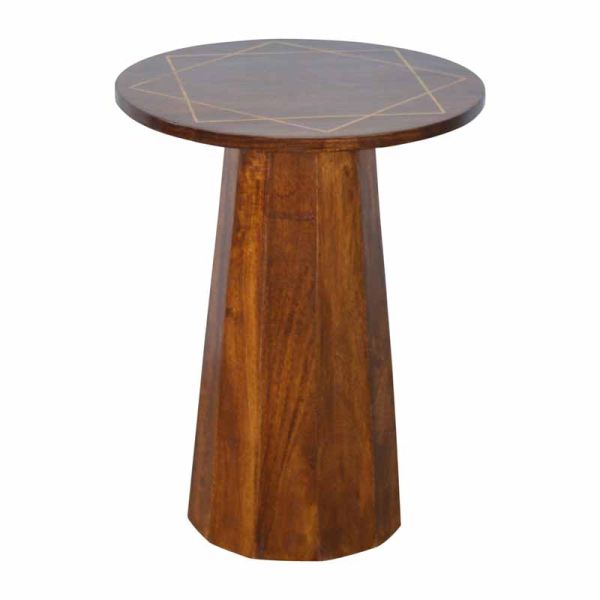 Round Wooden End Table with Brass Inlay