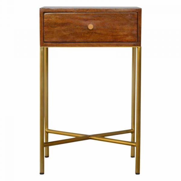 Chestnut End Table with Gold Criss-Cross Base