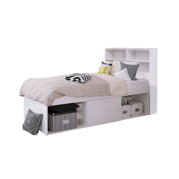 3 Feet Low Cabin Bed with Bookcase Headboard - L214 x W96 x H100 cm - White - Assembly Required