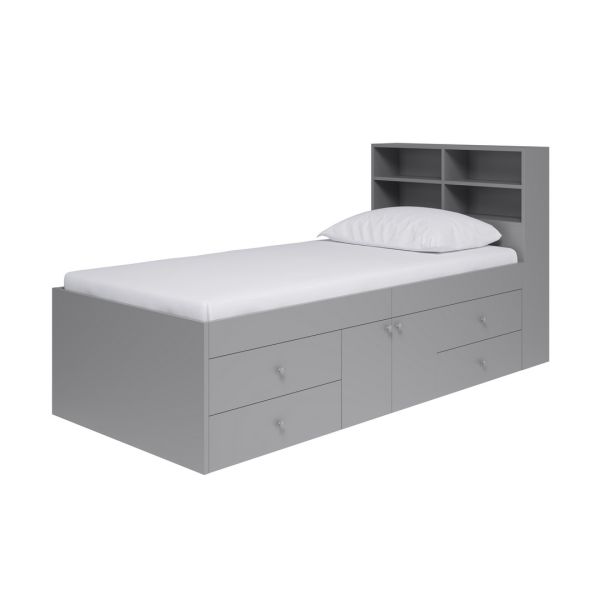 3 Feet Captain’s Cabin Single Bed with Bookcase Headboard - L214 x W96 x H100 cm - Grey - Assembly Required