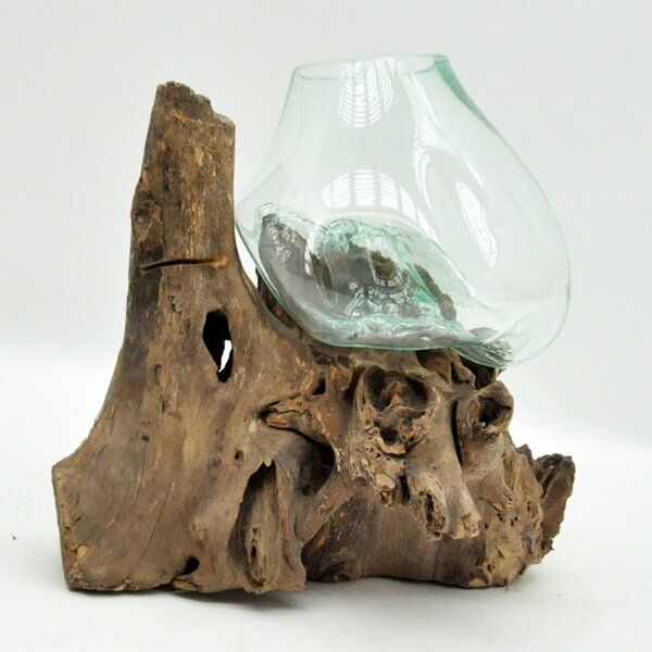Vase on Teak Root Stand - Large - Blown Glass/Wood - L30 x W30 x H60 cm