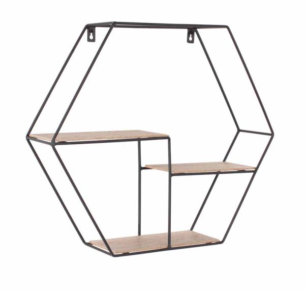 Hexagonal Display Wall Shelf - W48 x D12 x H42 cm - Black Metal/Wood Effect