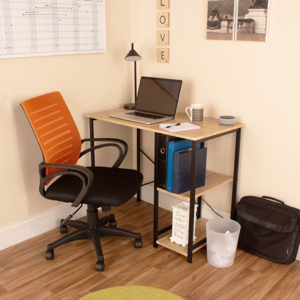 Loft Side Storage Study Desk with Metal Legs and Chair with Arms - Oak/Black/Orange Mesh Back