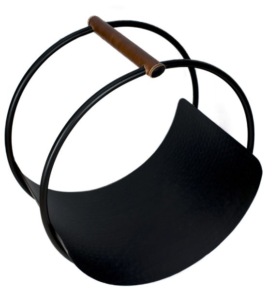 Leather Handle Round Log Holder - Iron - L42 x W30.5 x H43 cm - Black