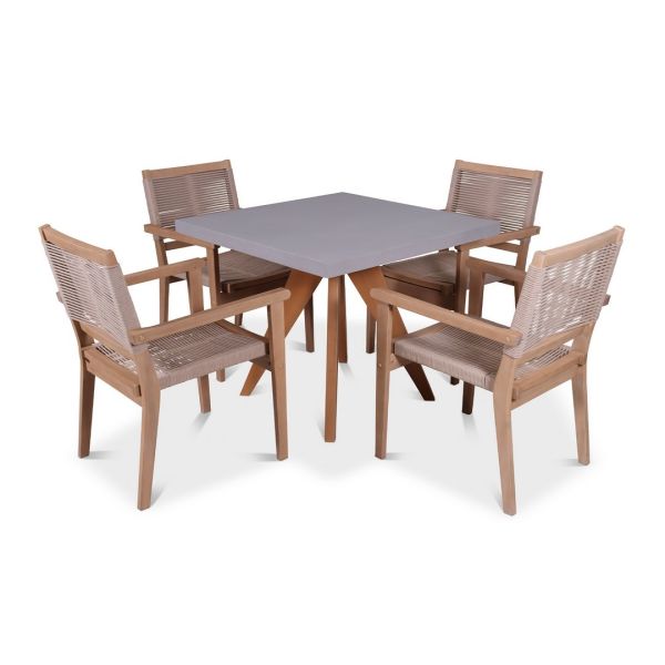 Luna Square Concrete Table with 4 Seater Roma Stacking Chairs Dining Set - Acacia Hardwood - Warm Grey