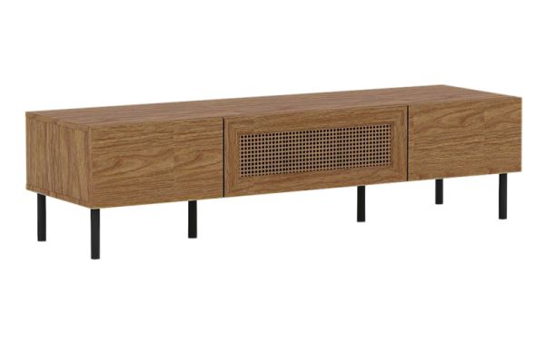 1.4m TV Cabinet - MFC/PVC Rattan - L40 x W140 x H36 cm - Mid Oak/Black