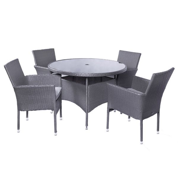 Malaga 4 Seater Stacking Dining Set with Cushion - Synthetic Rattan - H73 x W110 x L110 cm - Slate Grey