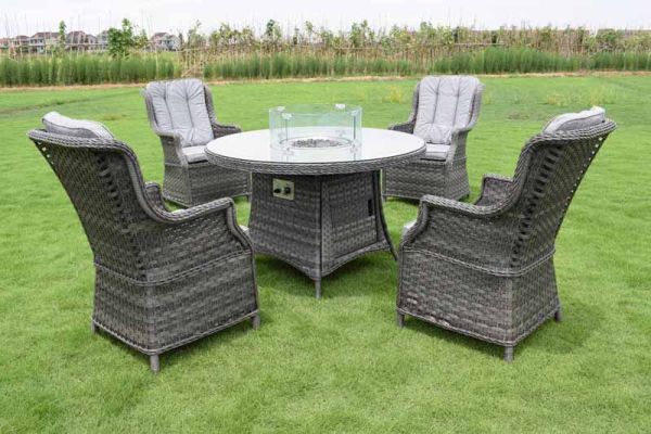 Amalfi 4 Seater Round Fire Pit Dining Set - Dark Grey - Weave Rattan - Outdoor Garden Furniture 