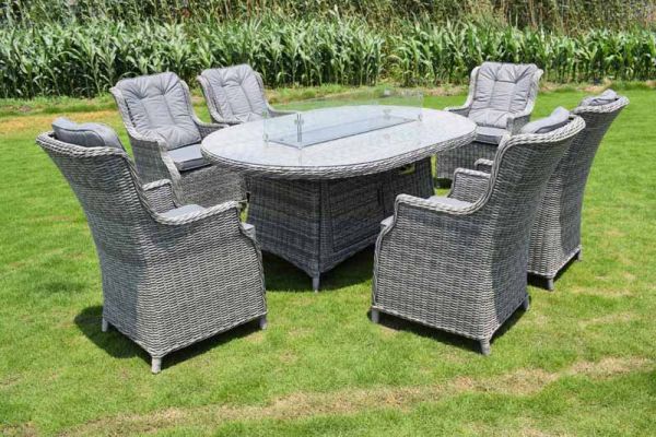 Amalfi 6 Seater Oval Fire Pit Dining Set - Dark Grey - Weave Rattan - Outdoor Garden Furniture 