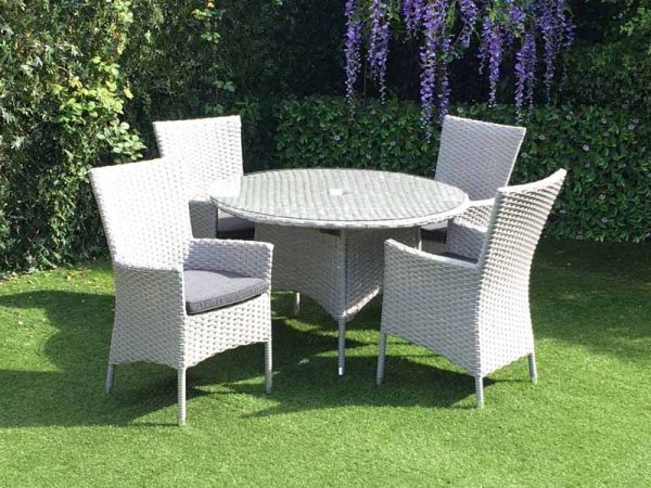 Victoria 4 Seater Round Dining Set - Weave Rattan - Outdoor Garden Furniture - Table & Chairs - Light Grey