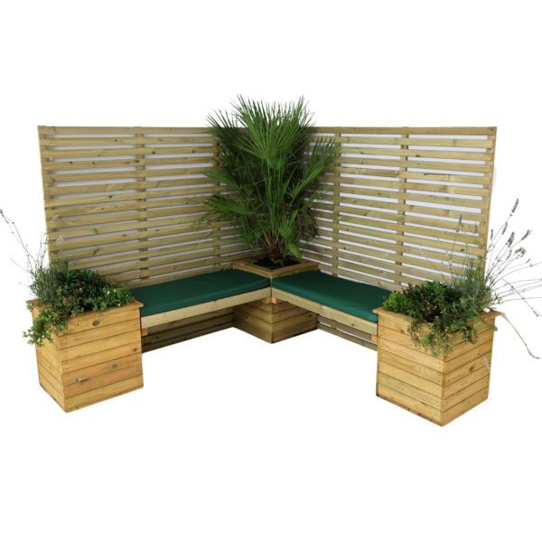 Corner Planter Bench with 2 Seat (6x5) Contemporary Fence Panels - L50 x W50 x H53 cm - Partially Assembled - Set of Waterproof Cushions Included