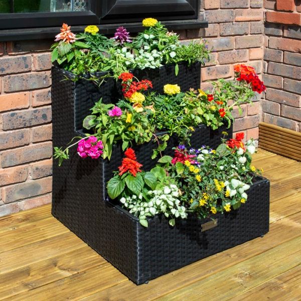 Tier Rattan Planter - Steel - L62 x W60 x H62 cm - Black 