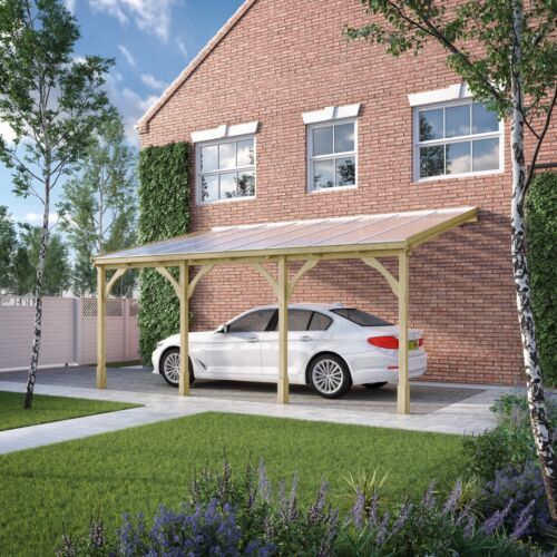 Polycarbonate Roof Car Port 4 Post - Wood - L350 x W722 cm - Light Green