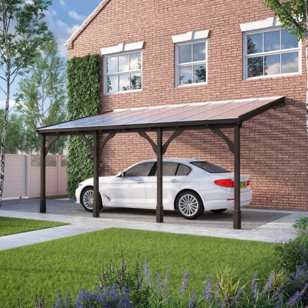 Polycarbonate Roof Car Port 4 Post - Wood - L250 x W722 cm - Rustic Brown