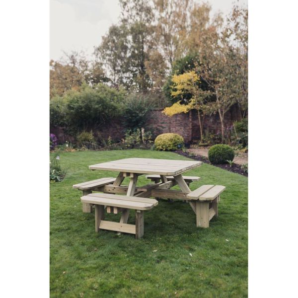 Square Picnic Table Sits 8, Wooden Garden Furniture - L200 x W200 x H77 cm - Minimal Assembly Required