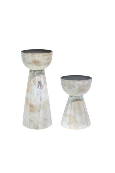 Padstow Candle Holders (Set of 2) - Wood - L9 x W9 x H22 cm - White Wash