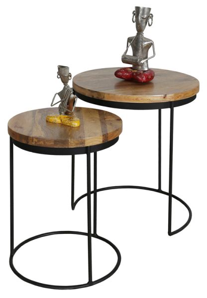 Ravi Iron Base Solid Wood Top Round Stool (Set of 2) - L44 x W44 x H49 cm - Mango Light Finish