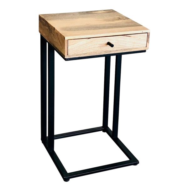 Ravi Iron Base 1 Drawer Large Side Table - Mango Wood - L35 x W35 x H60 cm - Mango Light Finish