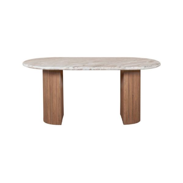 Ashford Pedestal 6-8 Seater Dining Table - Natural Marble and Wood - L85 x W170 x H76 cm - Brown