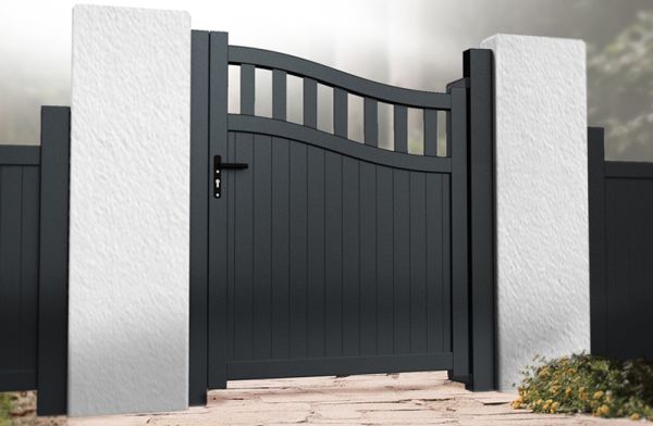 Pedestrian Gate 900x1600mm Black - Partial Privacy with Vertical Solid Infill and Bell-Curved Top