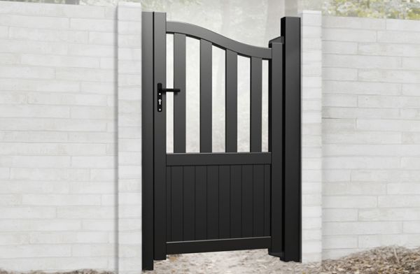 Pedestrian Gate 1000x1800mm Black - Vertical Solid Infill and Bell-Curved Top with Partial Privacy