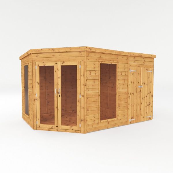 8 x 12 Feet Premium Corner Summerhouse with Side Shed - Wood/Glass - L254 x W368.5 x H211.8 cm