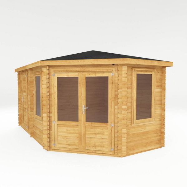 5 x 3 m Corner Lodge Plus Log Cabin with Side Shed - 28 mm - Timber - L317.2 x W509.8 x H274.3 cm - Brown