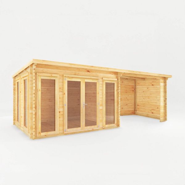 7 x 3 m Studio Pent Log Cabin with Patio Area - 28 mm - Timber - L333.5 x W691 x H249.4 cm - Brown