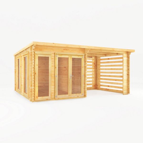 6 x 3 m Studio Pent Log Cabin with Slatted Area - 28 mm - Timber - L333.5 x W590.6 x H249.4 cm - Brown