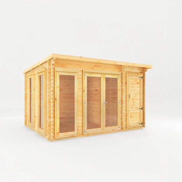 4.1 x 3 m Studio Pent Log Cabin with Side Shed - 34 mm - Timber - L333.5 x W413.6 x H249.4 cm - Brown