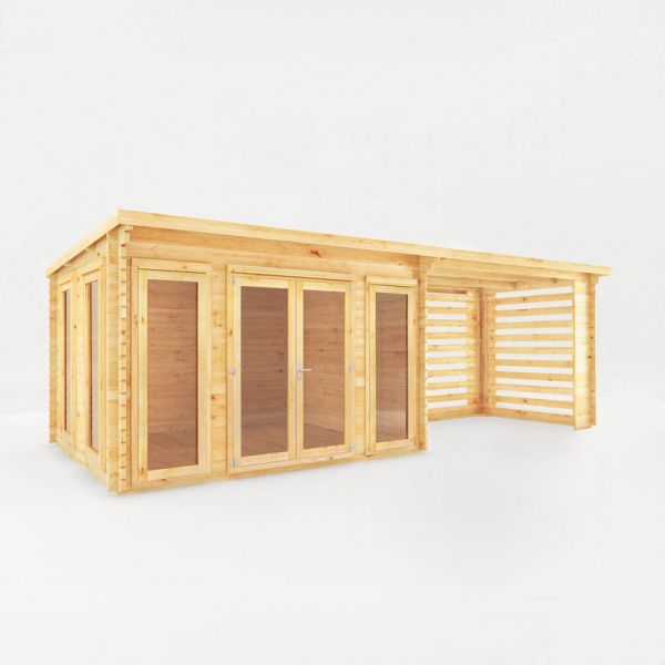 7 x 3 m Studio Pent Log Cabin with Slatted Area - 34 mm - Timber - L333.5 x W691 x H249.4 cm - Brown